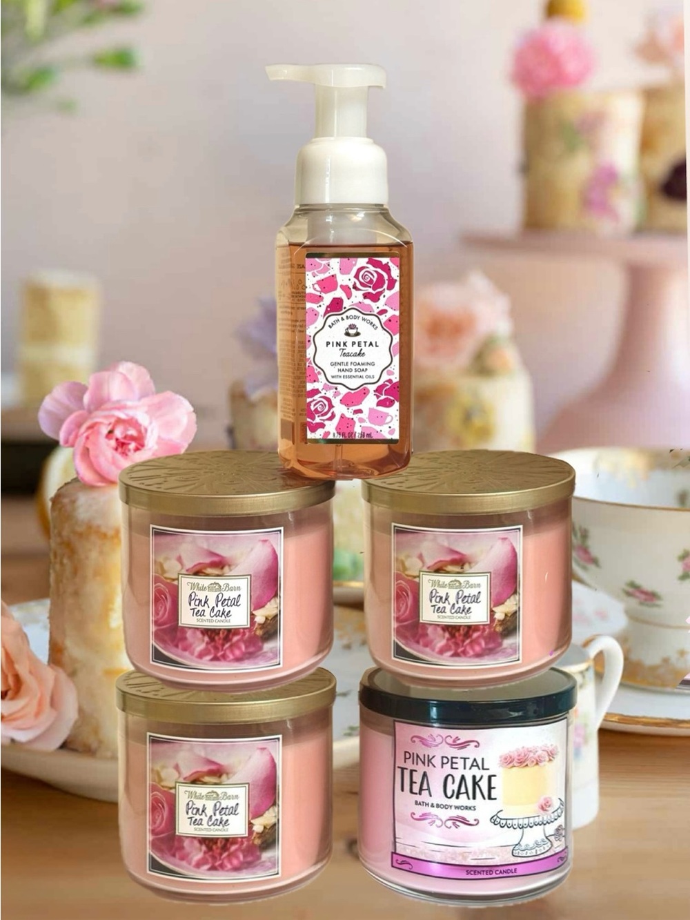 4X PINK PETAL TEA-CAKE 3-wick CANDLE & Gentle Foaming SOAP Bath & Body Works SET